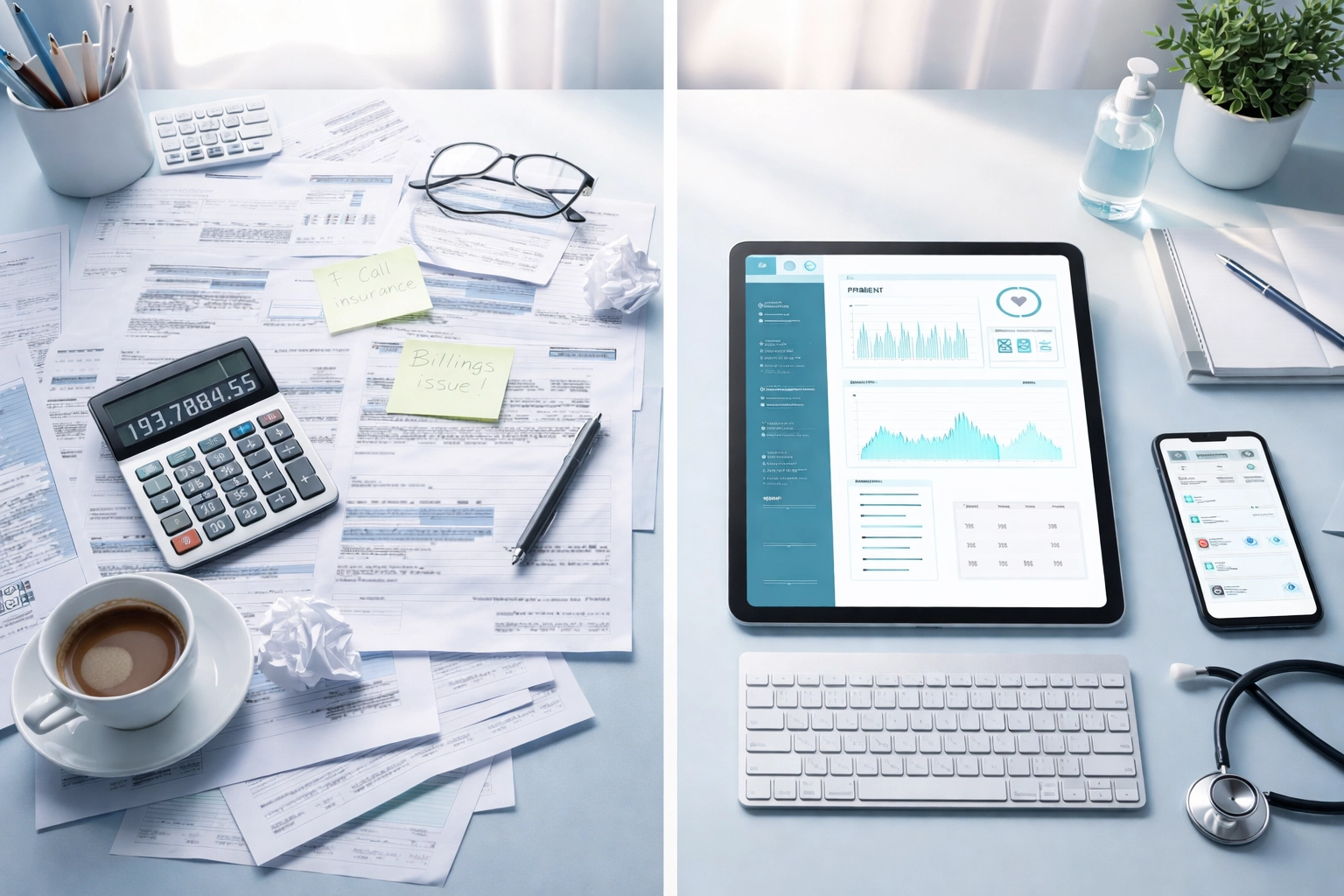 Medical office desk comparing scattered paperwork costs with organized AI clinical documentation on tablet