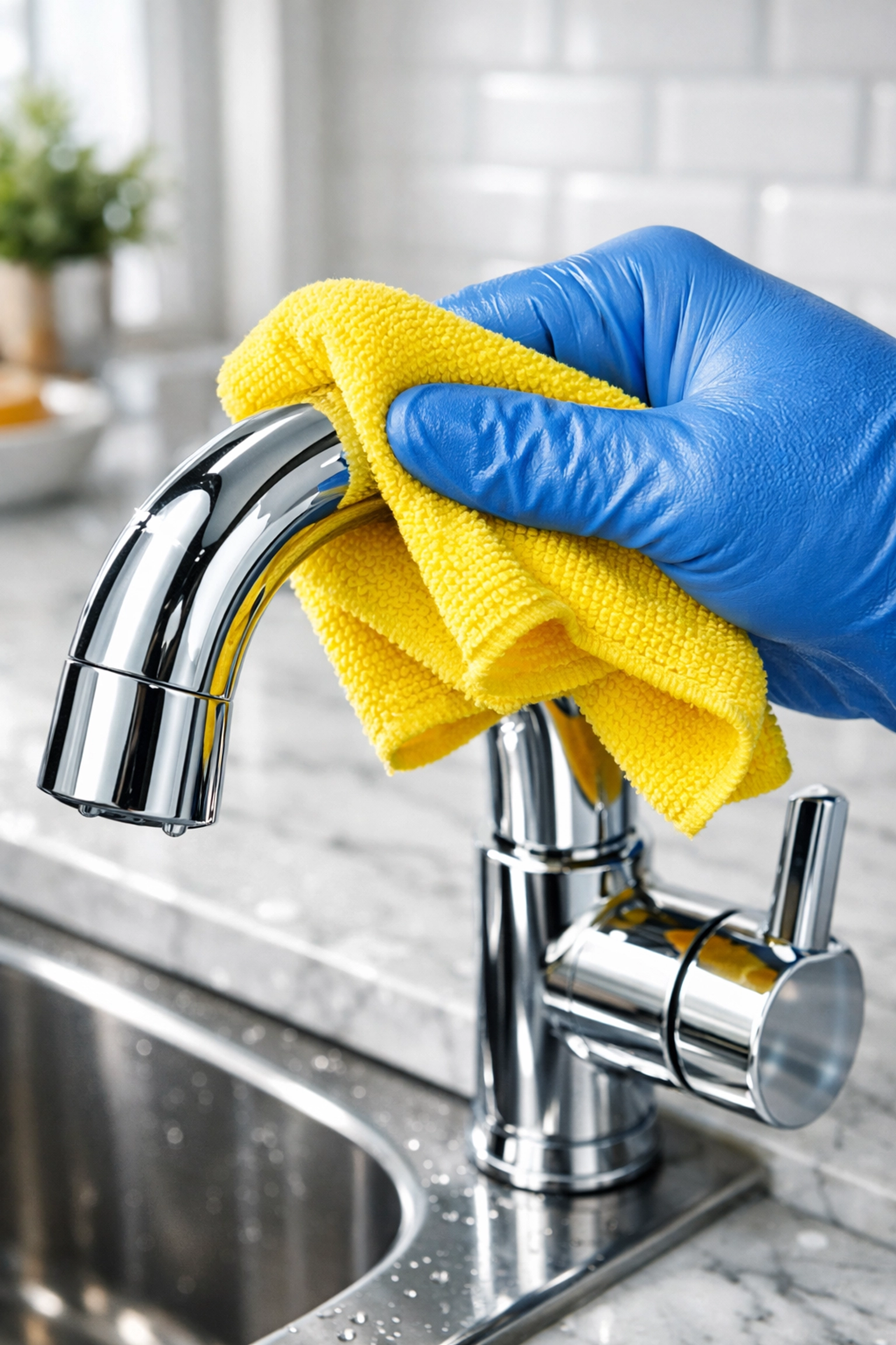 Professional move out cleaning provider polishing a kitchen faucet for a rent-ready property.