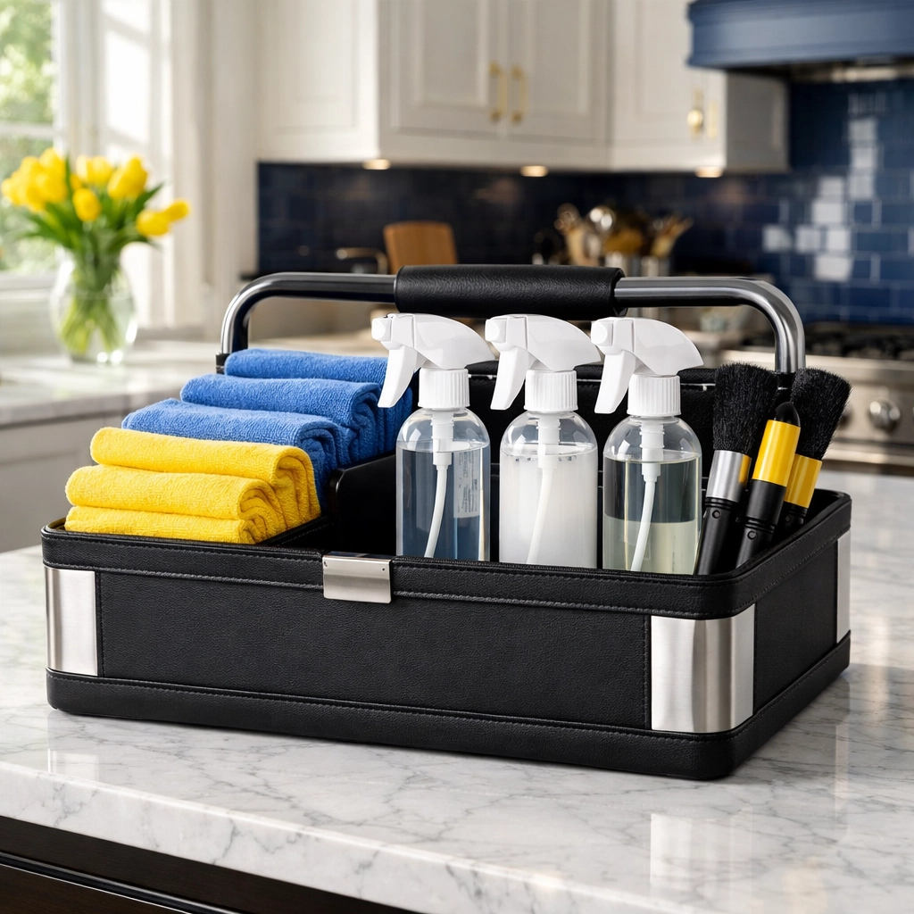 Professional cleaners MA use organized caddies and microfiber cloths for high-end residential cleaning.