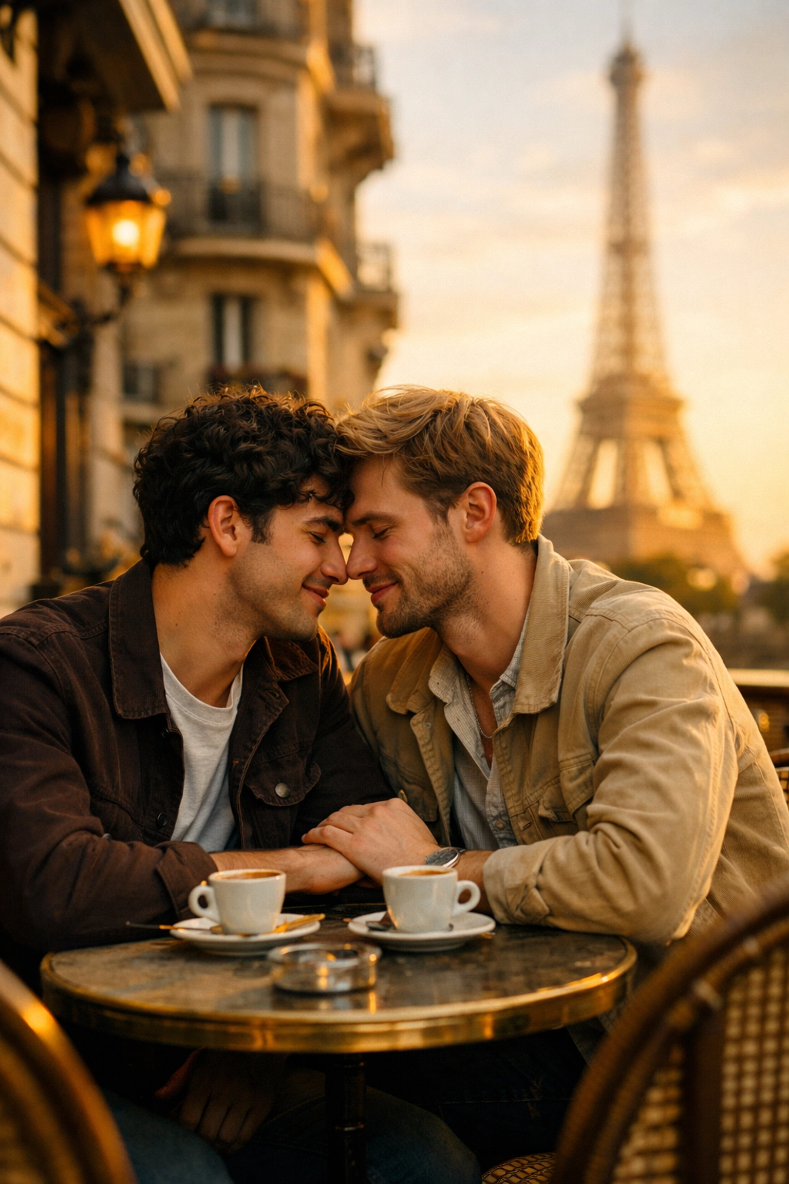 Gay couple sharing romantic moment at Parisian café with Eiffel Tower view during layover