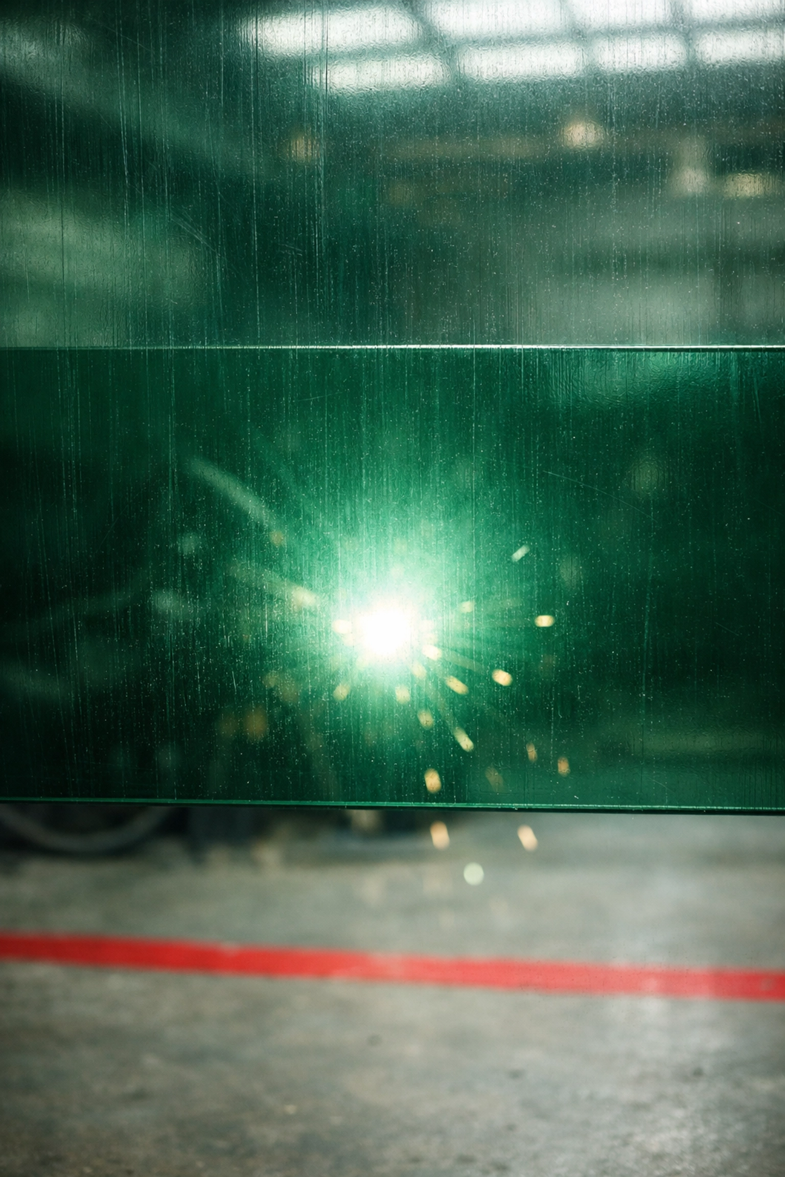 Dark-green anti-UV welding strip diffusing a bright arc to protect workers from flash burns and arc eye.