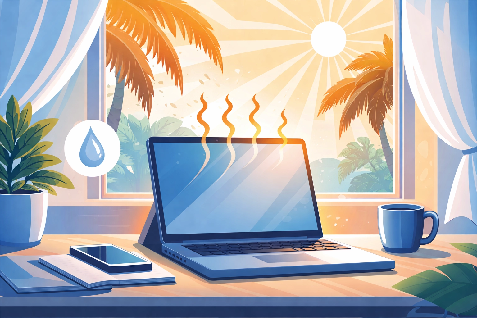 Laptop on a desk in sunny Port Charlotte with palm trees and heat waves, illustrating Florida climate's effect on laptop batteries.
