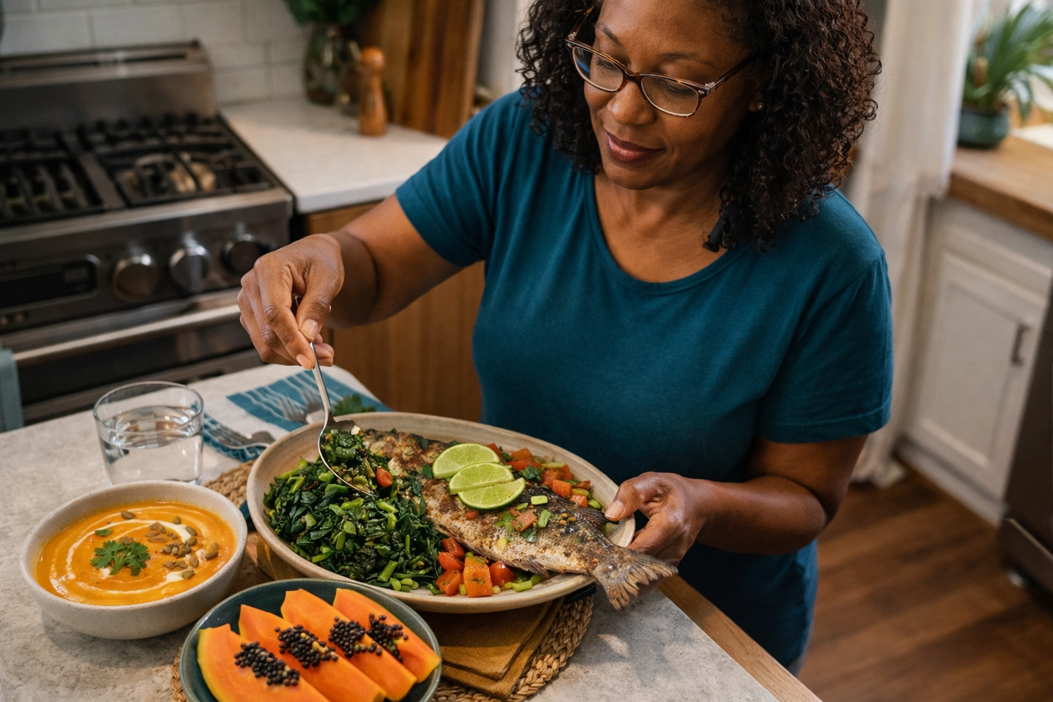 Cynthia plating a healthy Saint Lucian meal with fish, pumpkin soup, papaya and callaloo, wearing glasses, for eye care and optometrist Saint Lucia