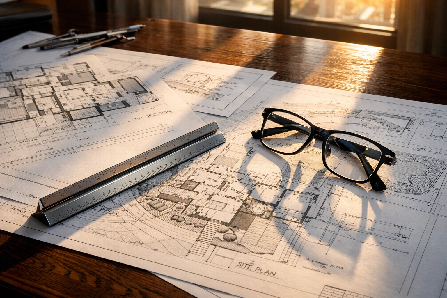 Architectural blueprints and house extension plans for a West Sussex building project.