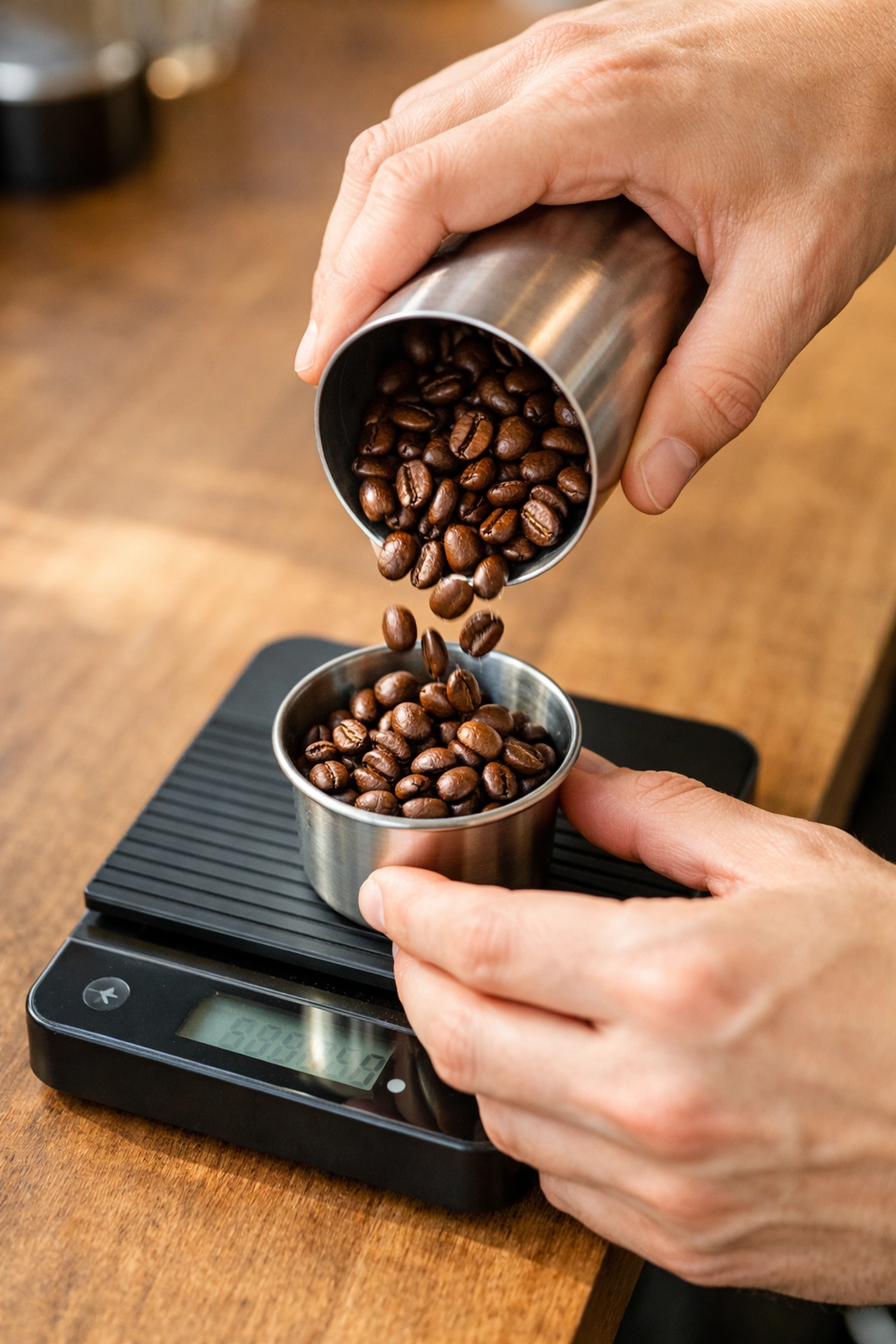 Barista weighing roasted coffee beans on a digital scale for precise espresso brewing consistency.