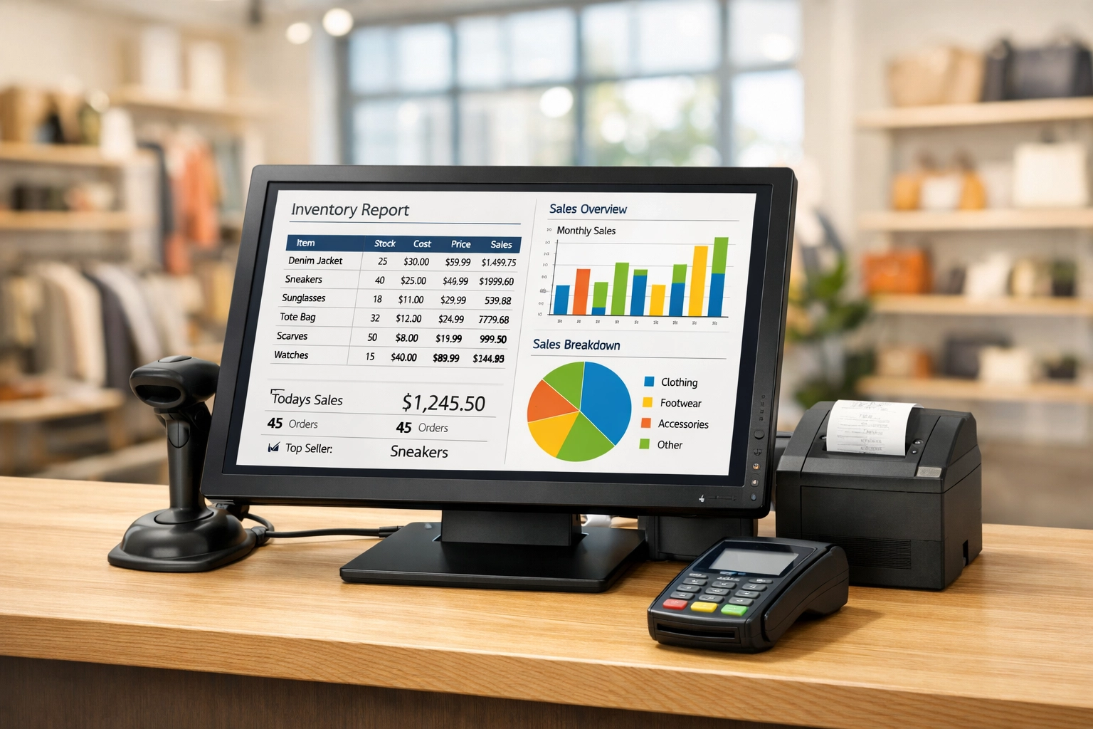 Retail POS system displaying inventory management and sales data