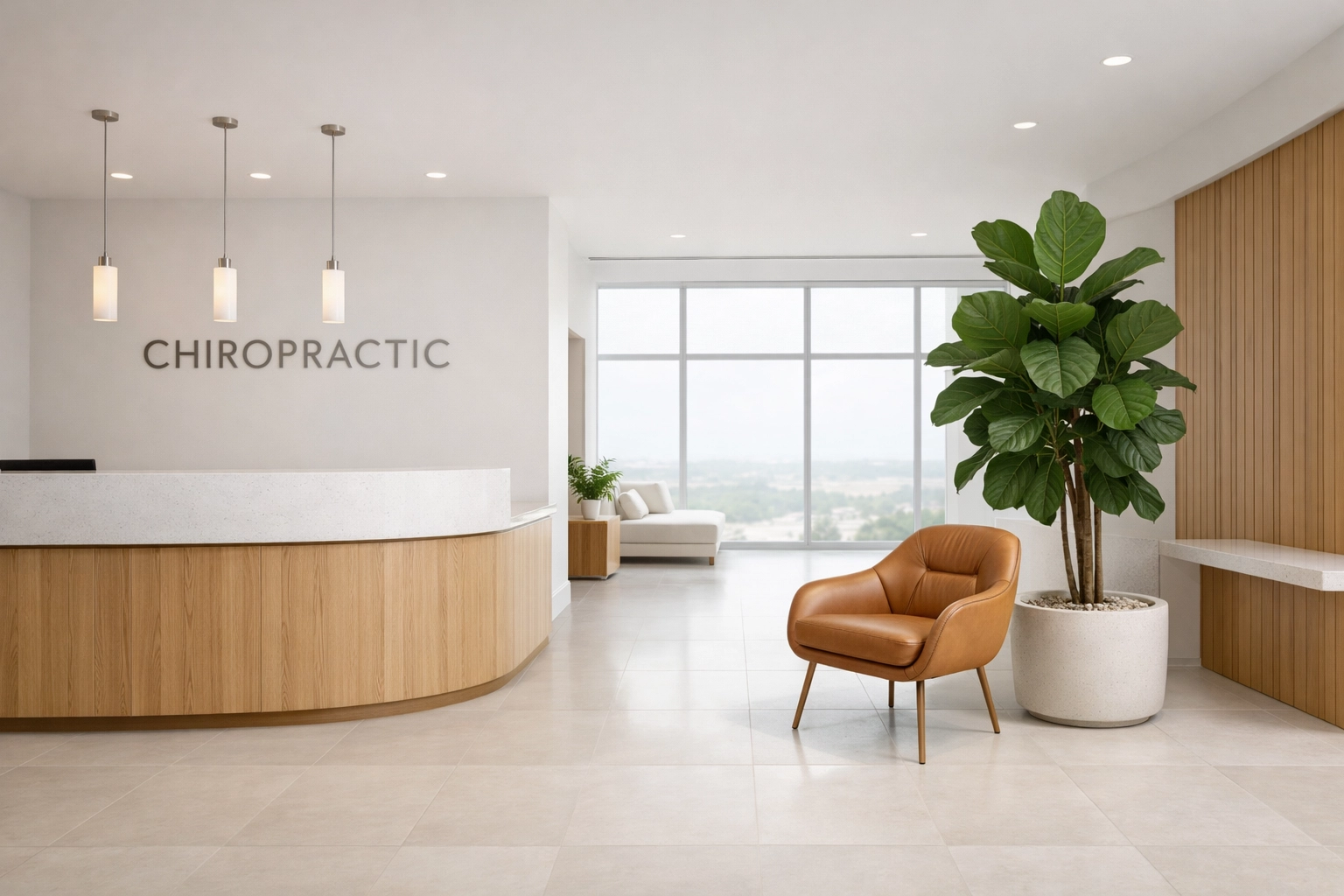 A modern and minimalistic chiropractic clinic lobby representing a thriving and successful local practice.