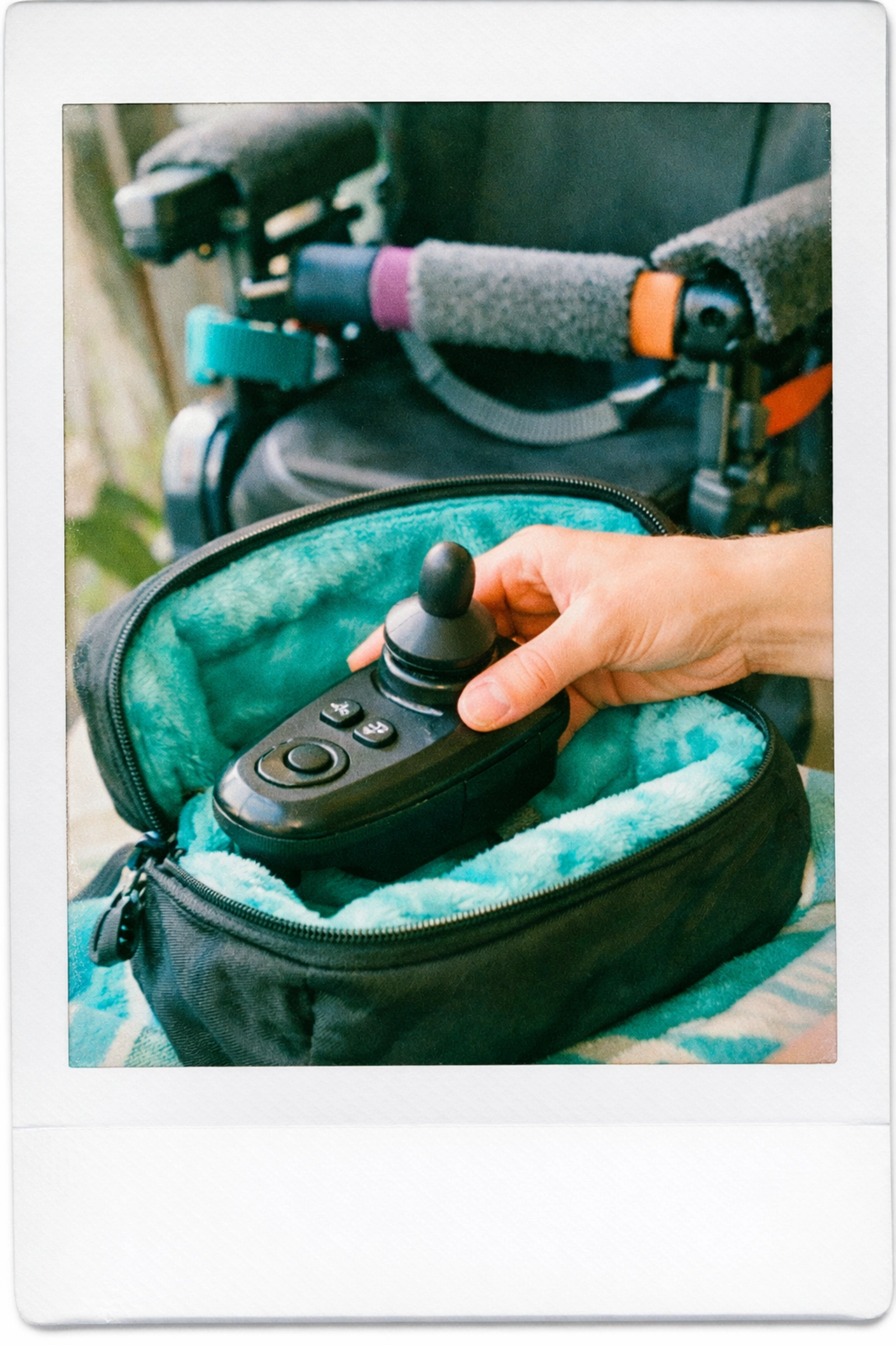 Placing a detached powerchair joystick into a protective travel bag for safe flying.