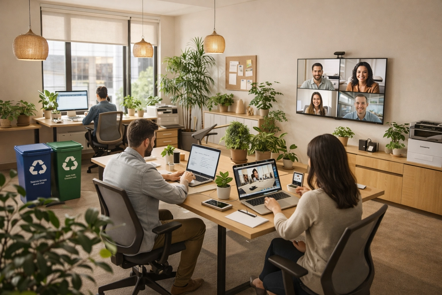 Sustainable modern office blending green technology with professional digital infrastructure in 2026.