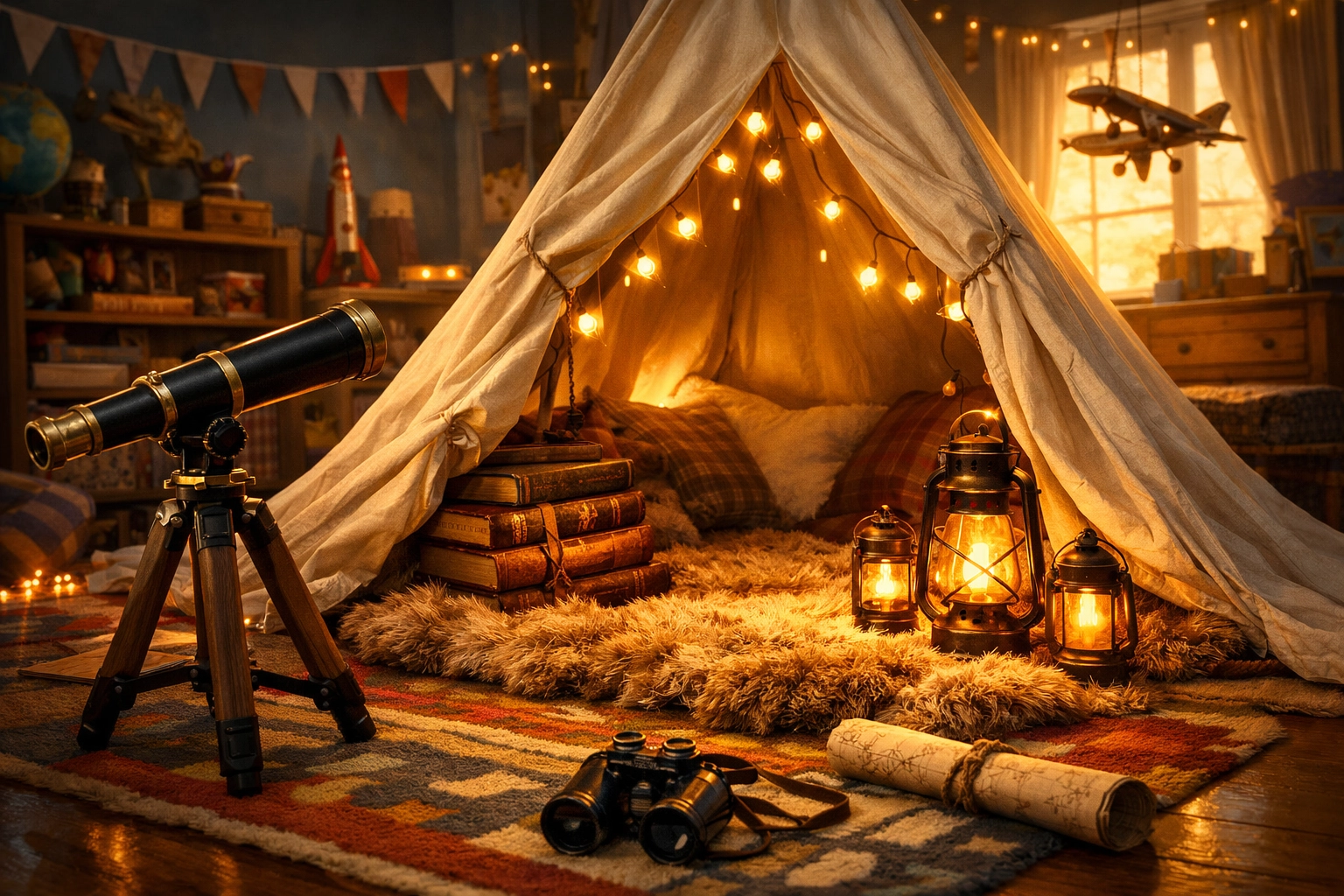 Indoor reading teepee fortress with a telescope and adventure books to encourage children's reading.