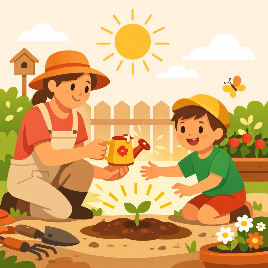 Parent and child gardening to practice skills during in-home ABA therapy in Texas and North Carolina.