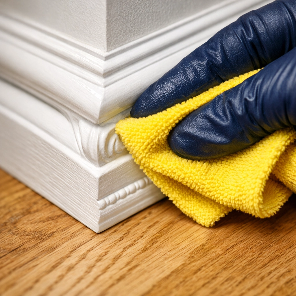 Detailed wiping of white baseboards and trim for post construction cleaning in Southborough MA.