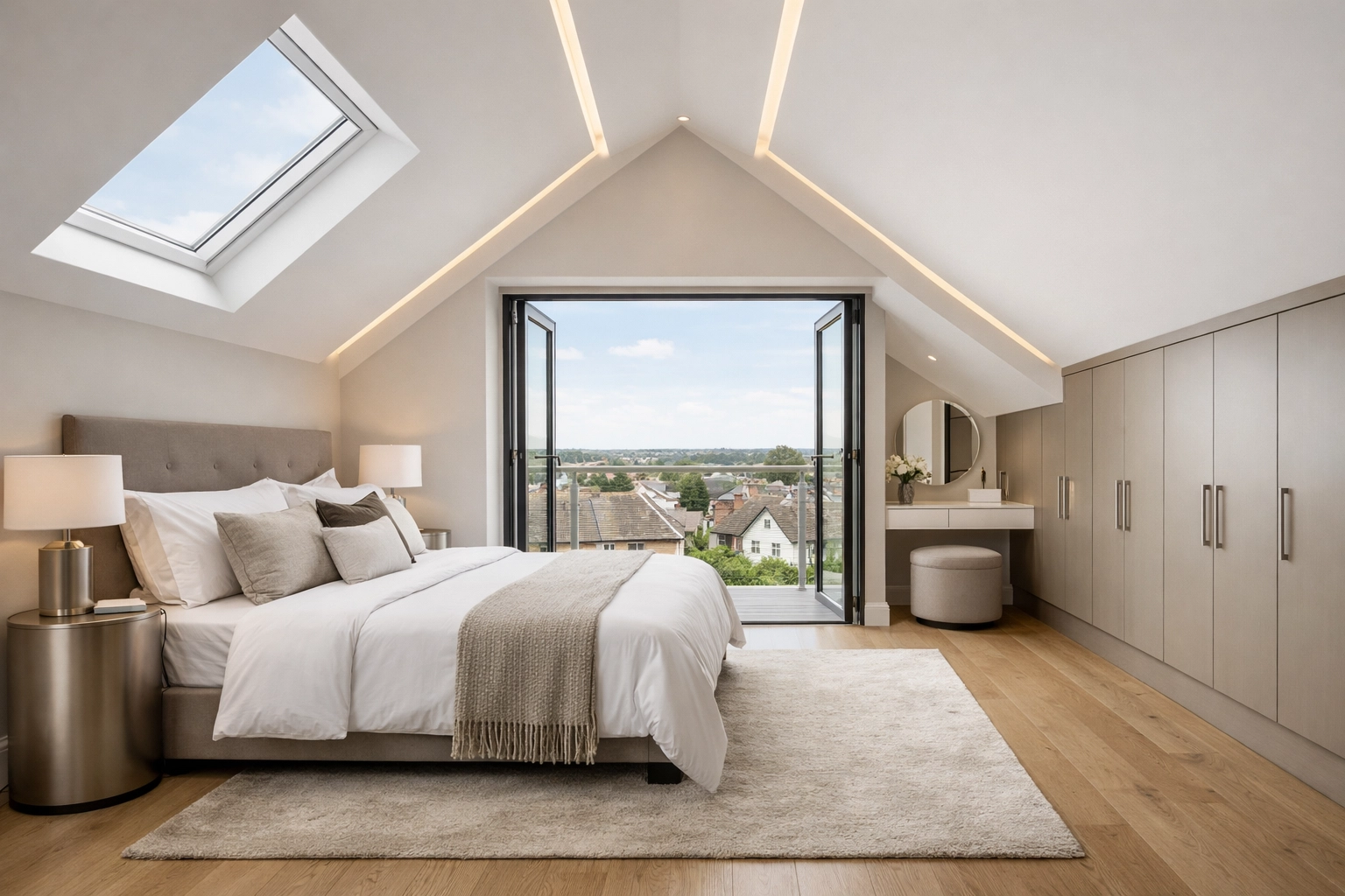 Expert London loft conversion design featuring a spacious master suite with vaulted ceilings and skylights.