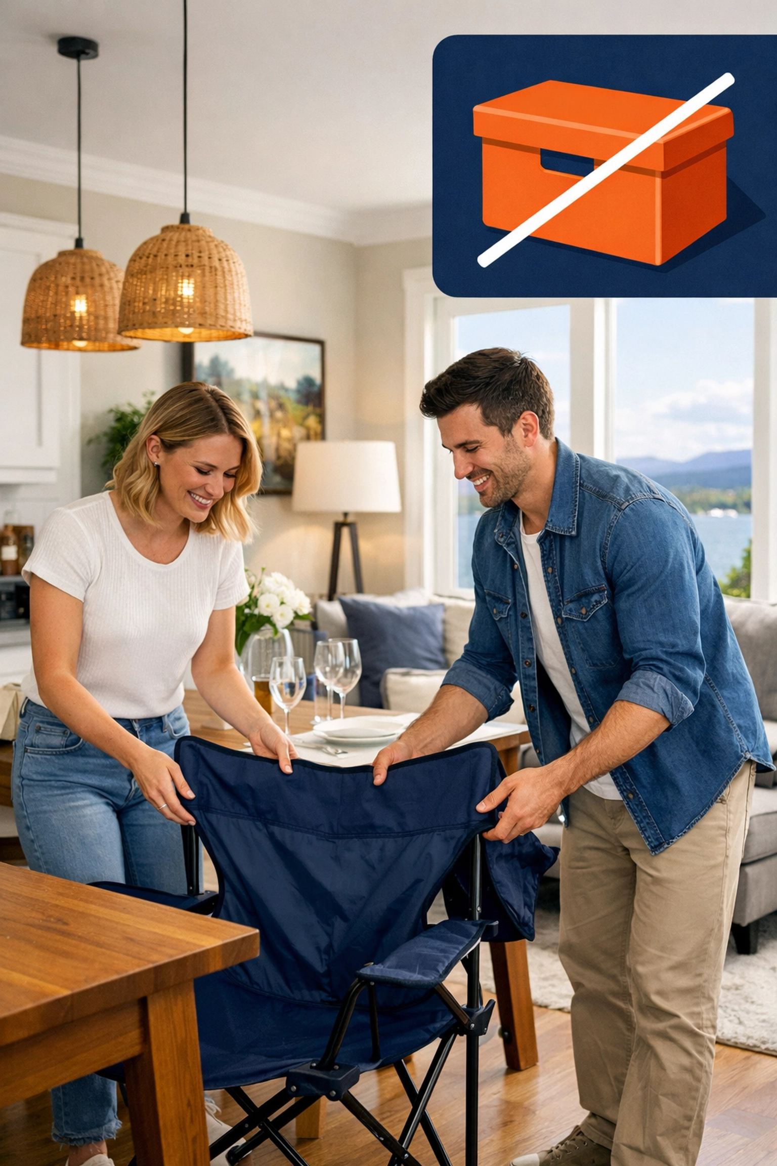Couple sets up extra folding chairs in a Burlington apartment for Sunday supper, clutter-free hosting