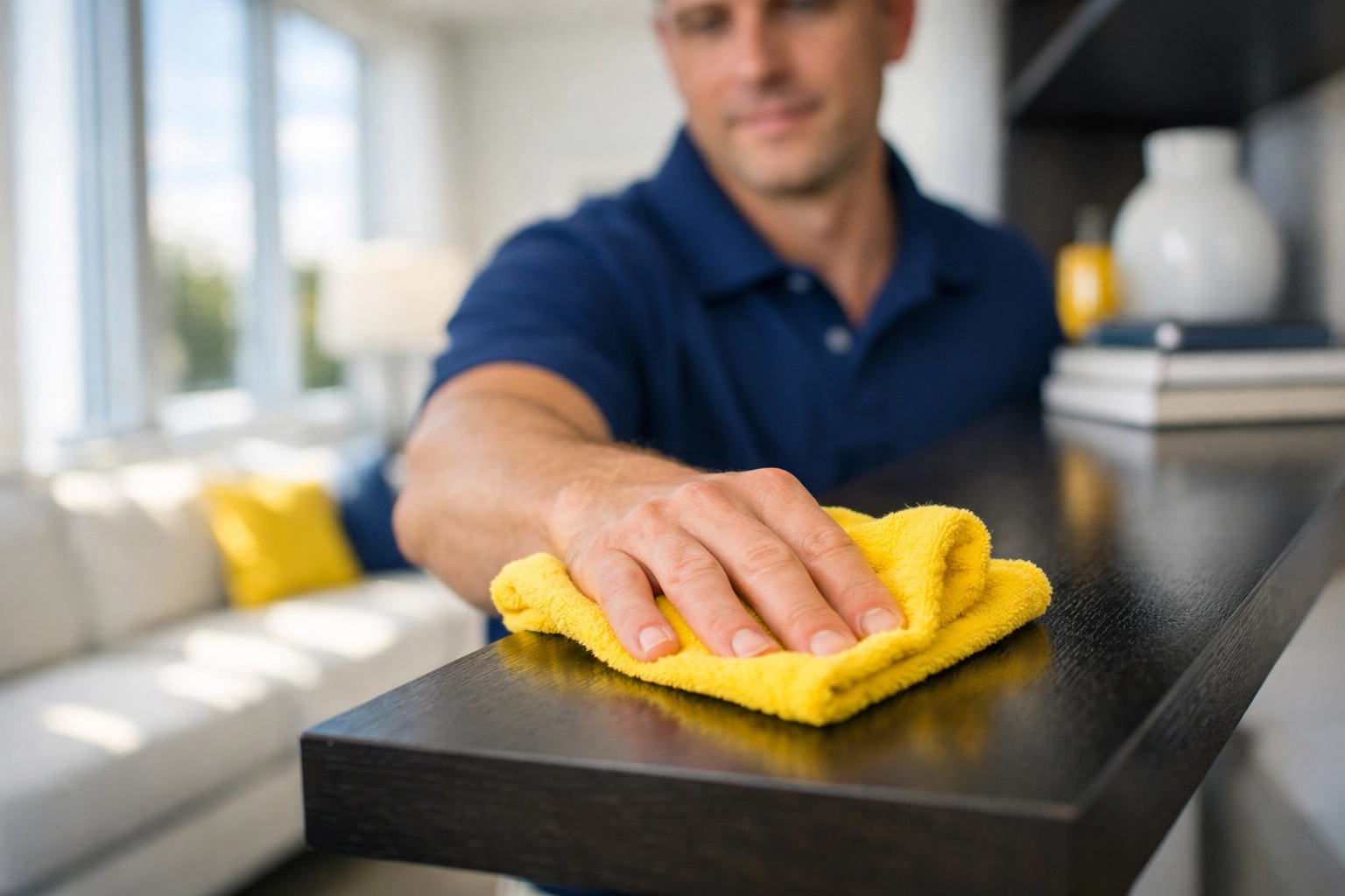 Professional house cleaning services in MA technician dusting a shelf in a luxury living room.