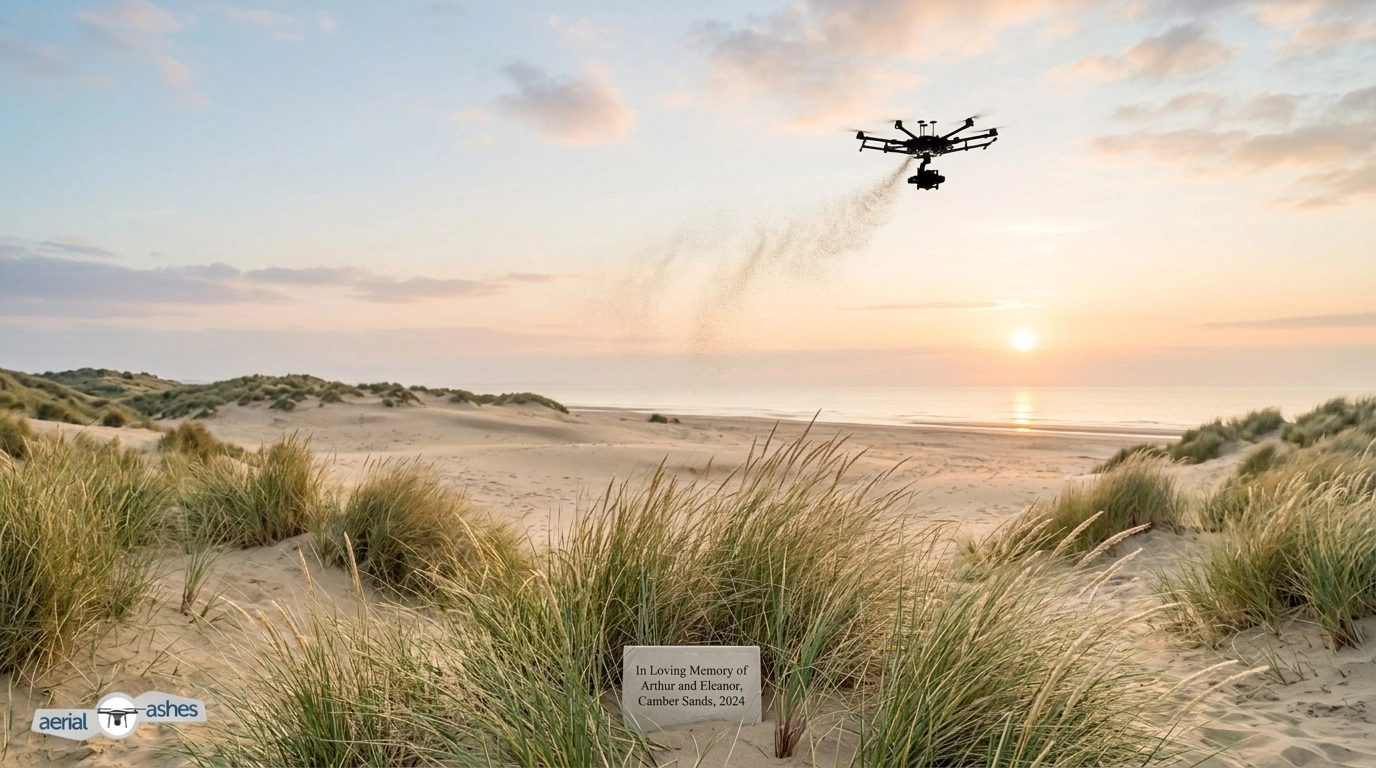 A serene aerial view of Camber Sands with a drone scattering ashes at sunrise