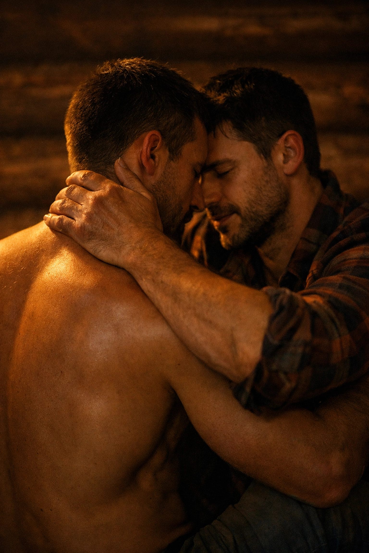 An intimate embrace between two men in a cozy log cabin, showing the emotional depth of forced proximity romance.
