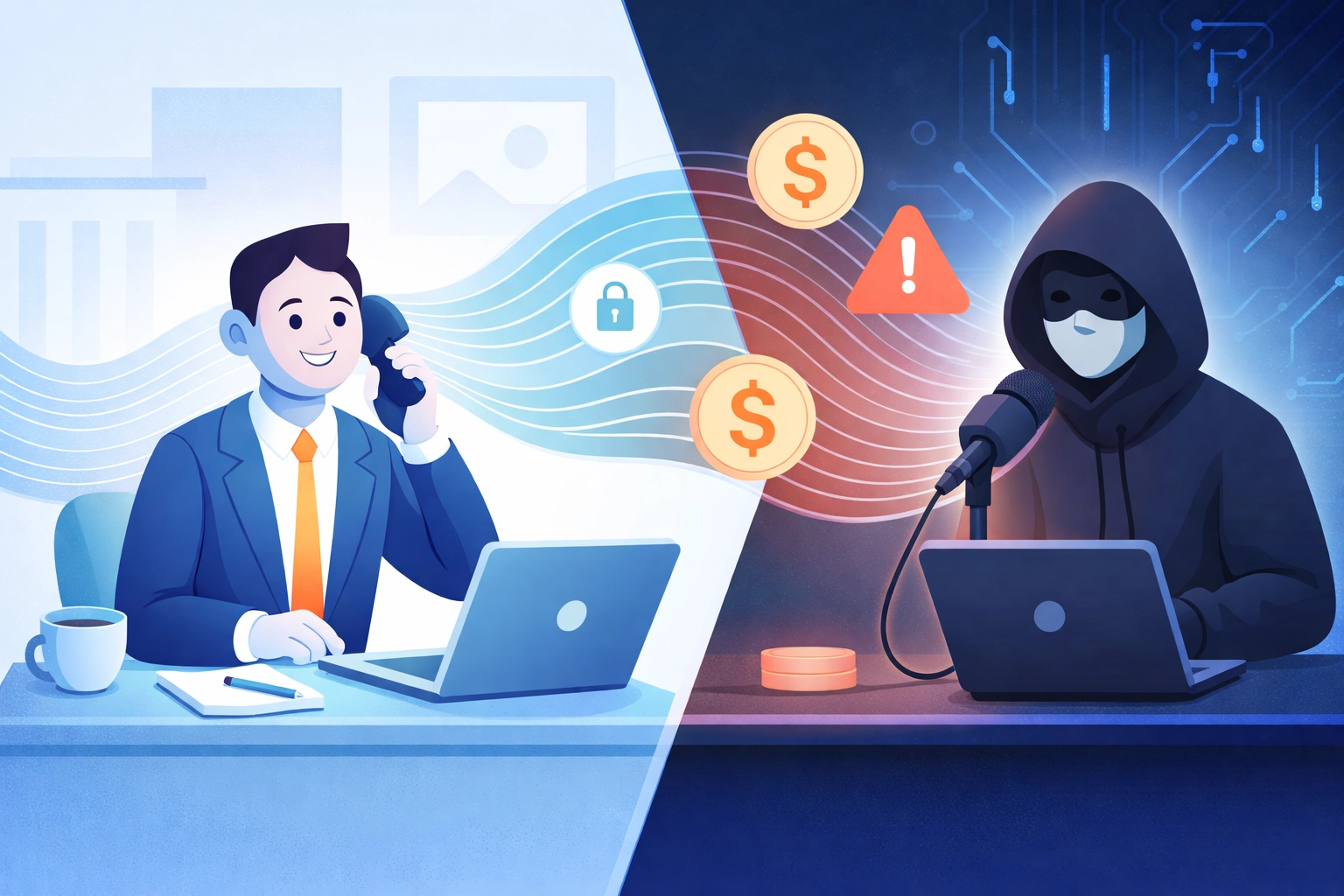 Vector image of a person receiving a scam call from a masked figure, depicting social engineering fraud targeting Sarasota County businesses.