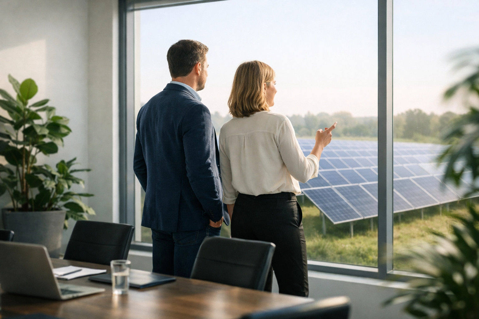 Business professionals reviewing commercial solar investment options looking at a ground-mounted solar array.