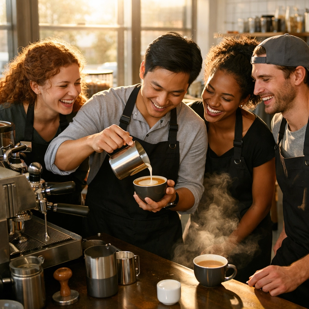 Barista team collaborating during professional coffee training session at specialty cafe