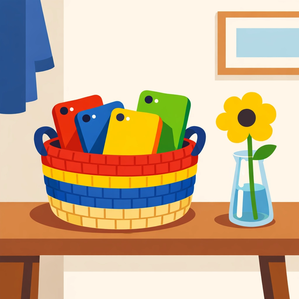 A colorful basket holding smartphones next to a flower, illustrating a digital sabbath for families.