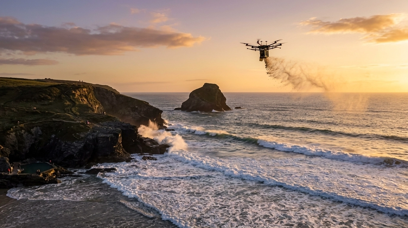 A professional drone hovering over Trebarwith Strand at sunset, scattering ashes over the Atlantic ocean near Gull Rock