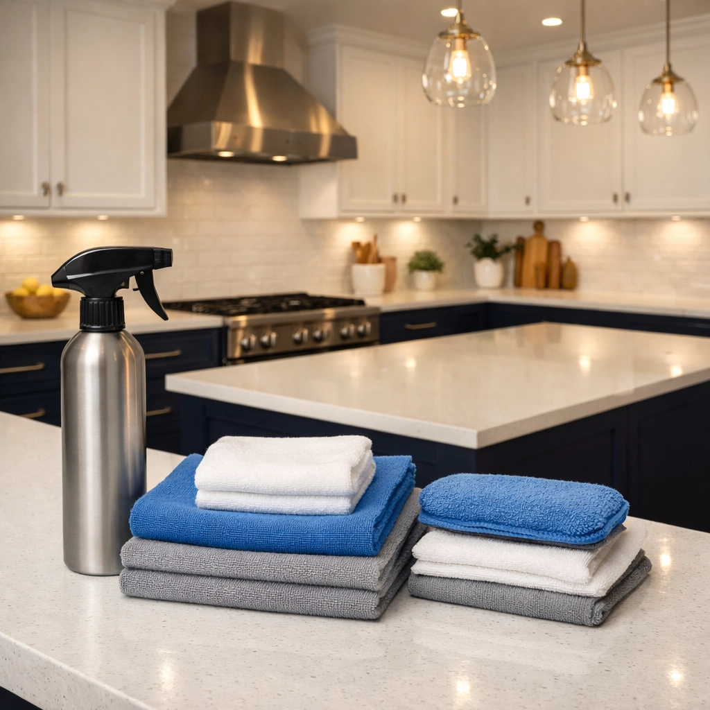 Immaculate luxury kitchen with cleaning supplies, showcasing quality house cleaning services MA standards.