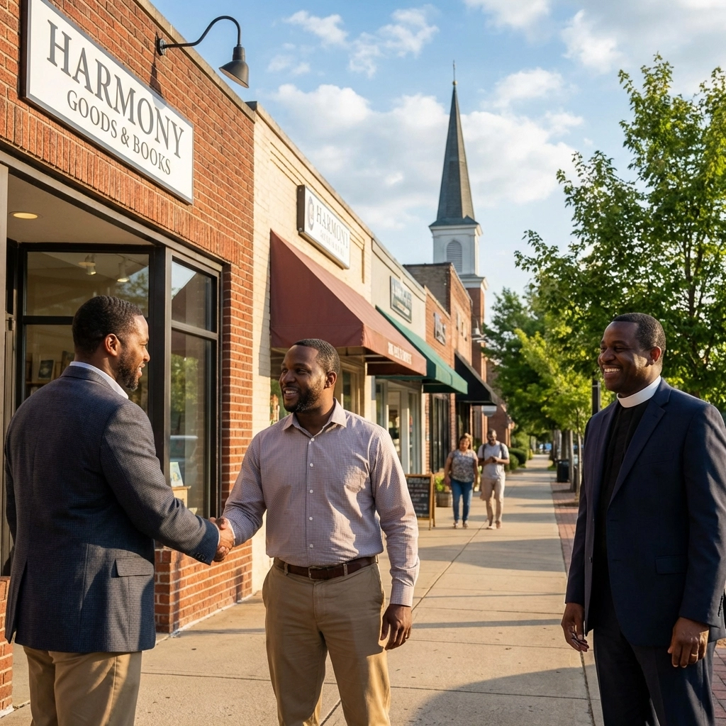 Black business owners shake hands outside a storefront with a pastor nearby, showing business and church partnership in community engagement.