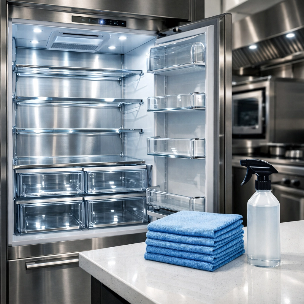 Clean and organized stainless steel refrigerator interior following expert kitchen deep cleaning services.