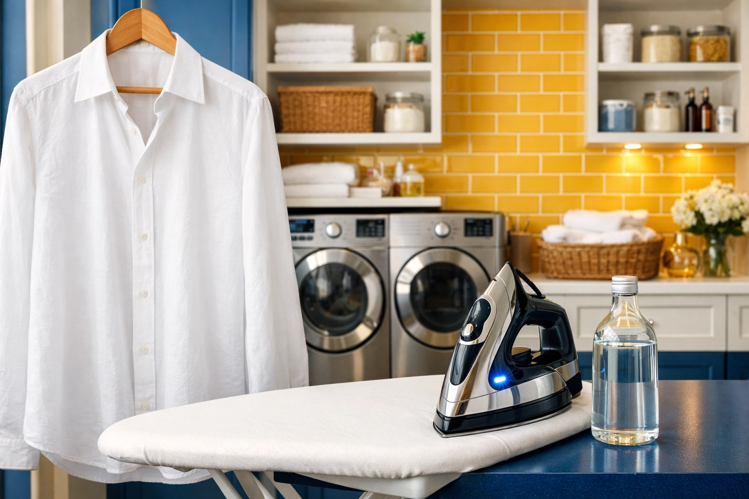 A professional steam iron and distilled water on an ironing board in a high-end, organized laundry room.