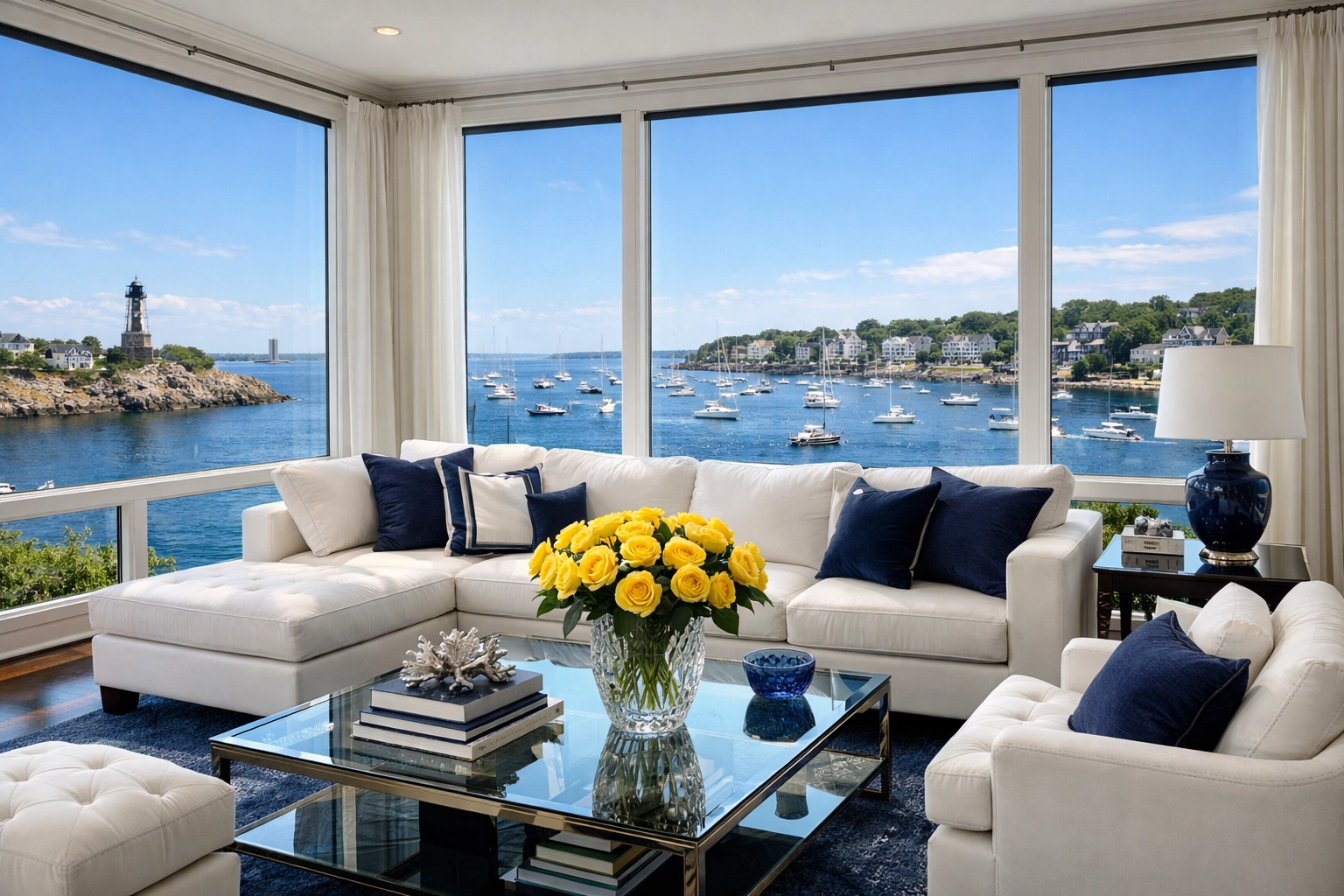 Pristine luxury living room overlooking Marblehead Harbor after a professional house cleaning service.