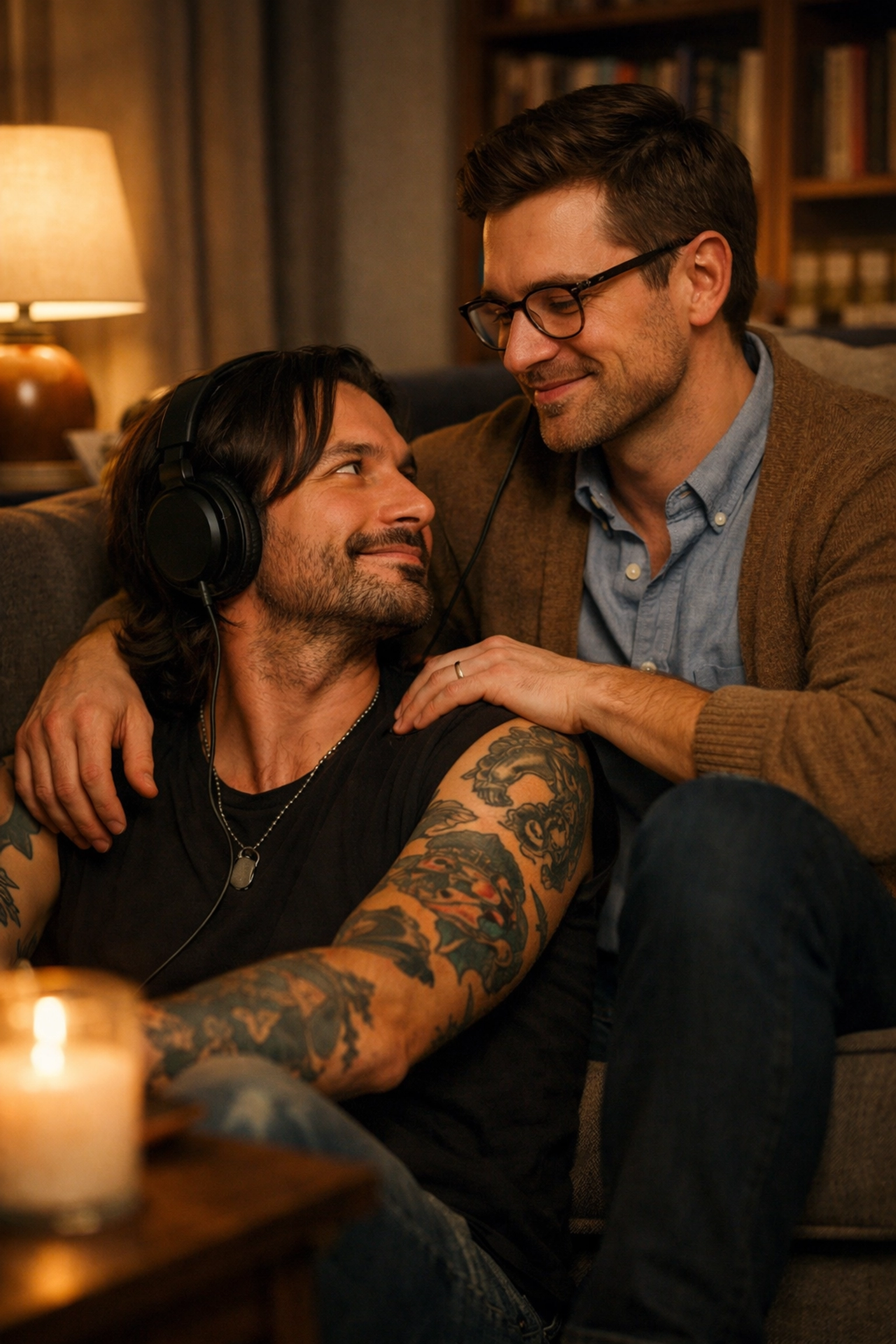 A rocker and librarian sharing a pair of headphones, showcasing slow burn chemistry in popular gay books.