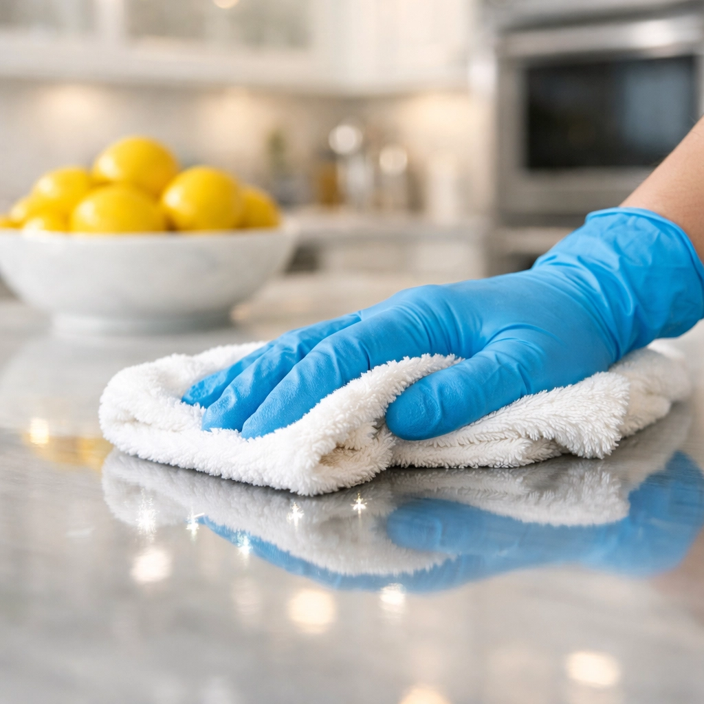 Ninja House Cleaning professional polishing a marble kitchen counter to ensure a sanitized and healthy home.