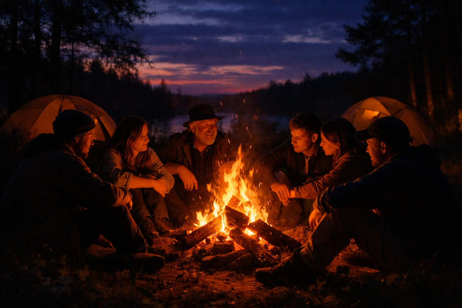 Team gathered around campfire at dusk during wild camping retreat experience
