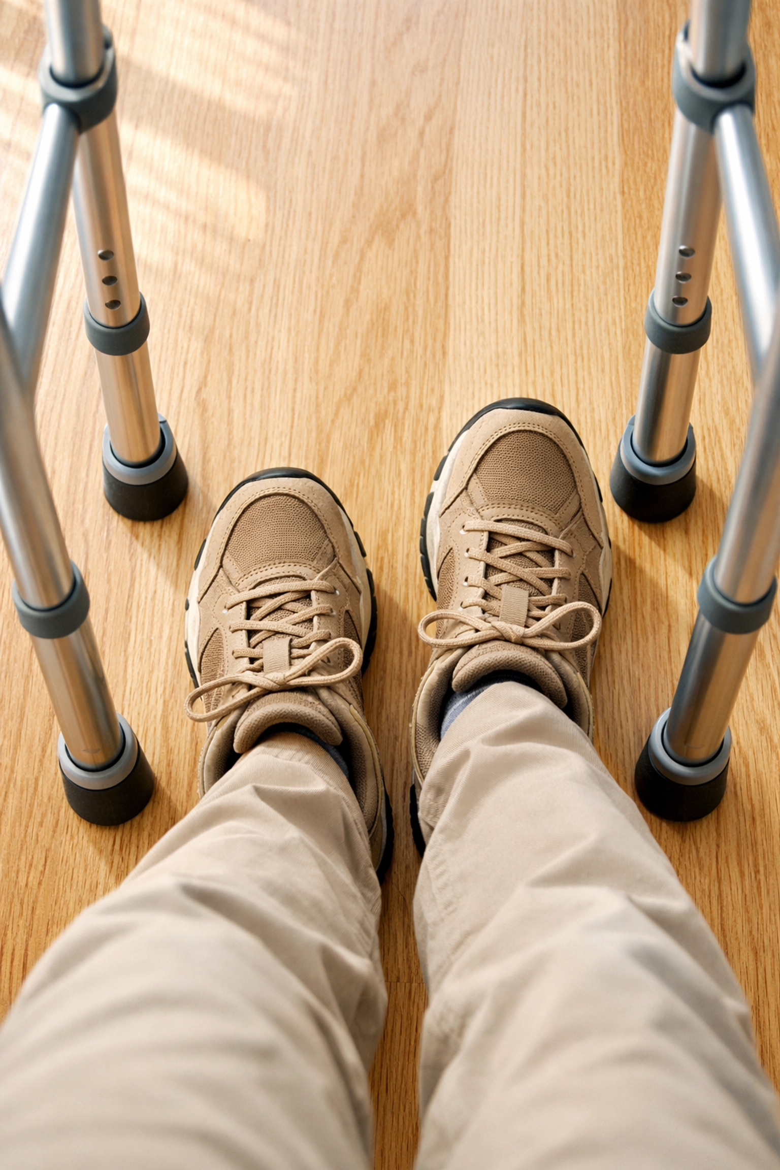 High-angle view showing proper foot placement inside a walker frame to maintain balance while walking.