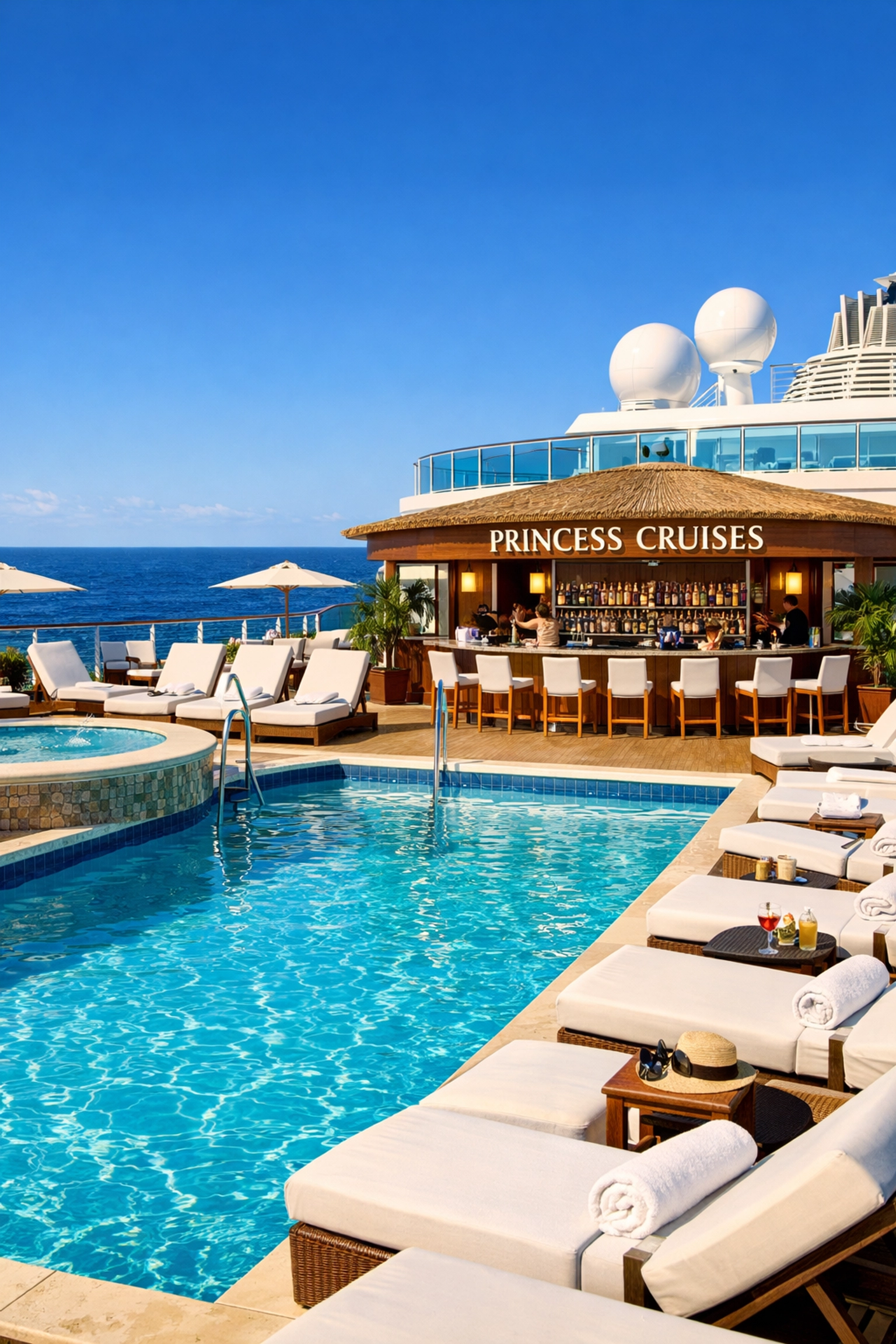 Luxury cruise ship pool deck with turquoise water and lounge chairs overlooking the Caribbean Sea.