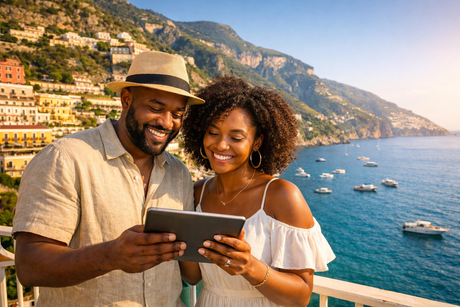 Couple using a tablet to plan their custom travel itinerary on a sun-drenched Amalfi Coast balcony.
