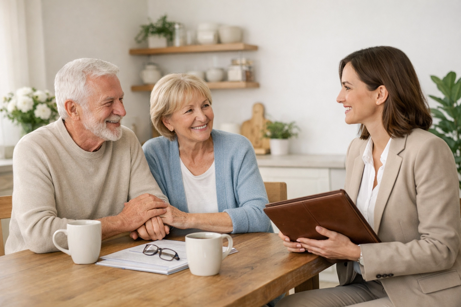 An elderly couple meeting with a mobile notary at home to discuss power of attorney planning.