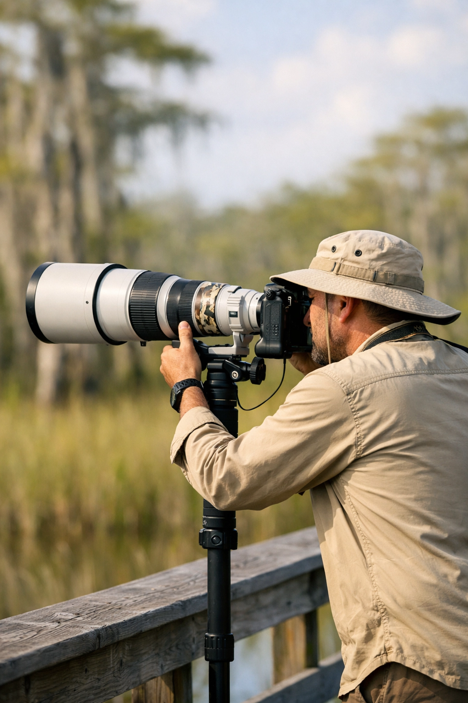 The Ultimate Guide to Everglades Wildlife Photography: Everything You Need to Succeed 3 A wildlife photographer using a telephoto lens and monopod to capture distant animals in the Everglades.