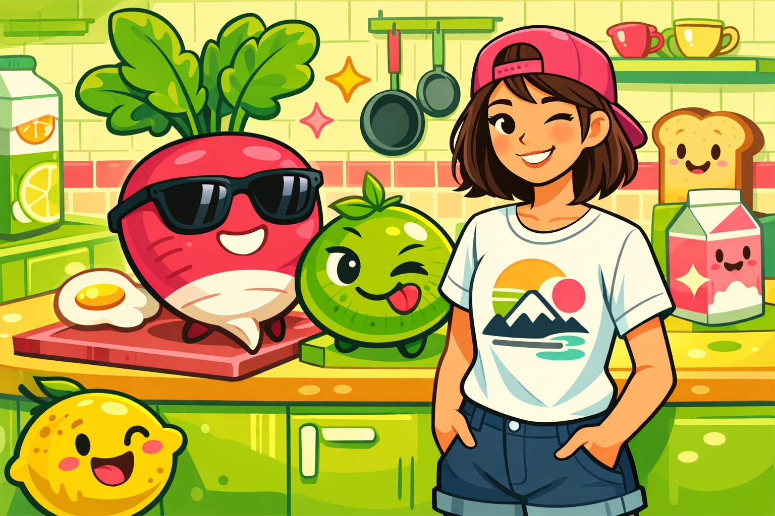 Woman in a graphic tee with funny personified radish and lime food characters.