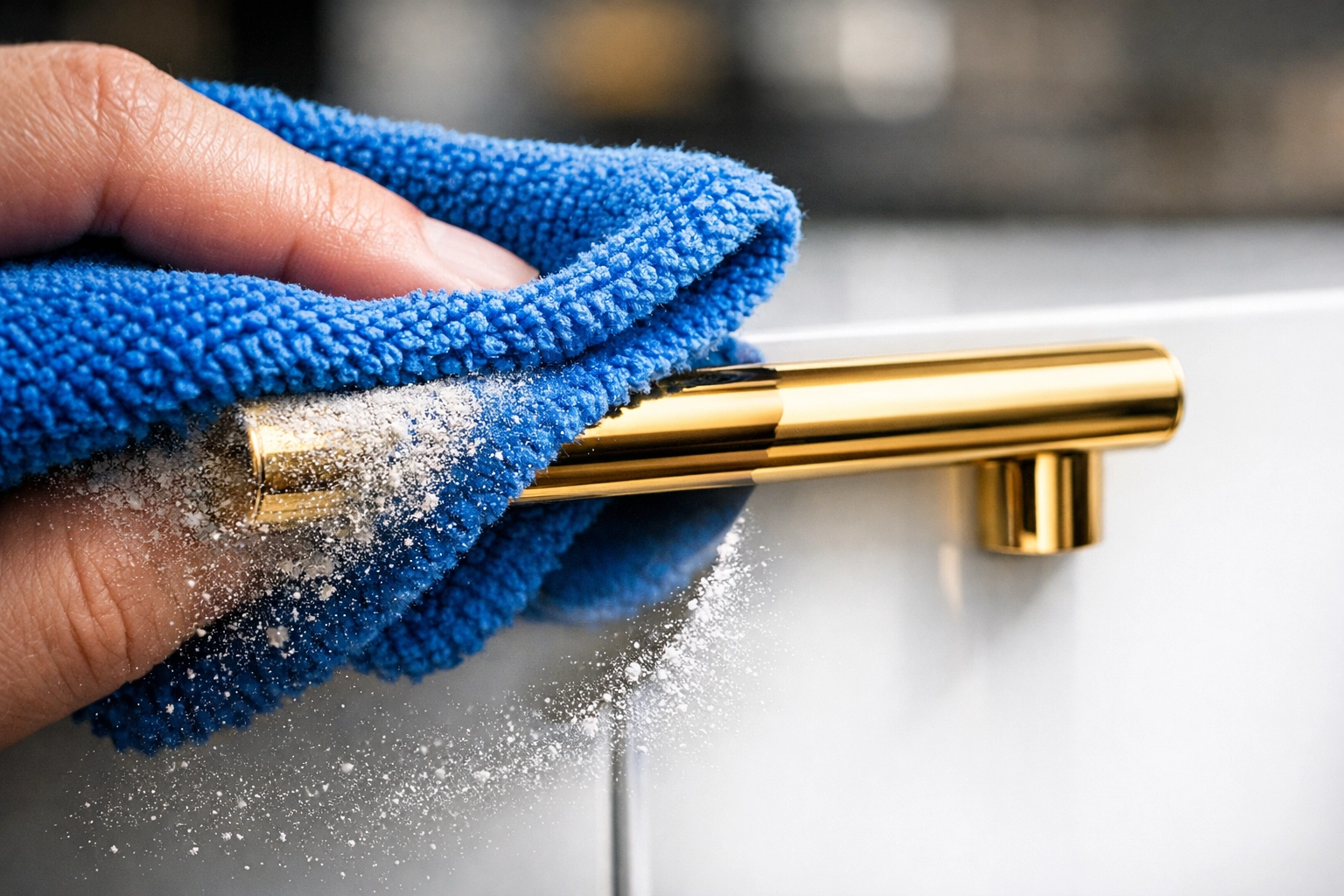 Professional post-construction cleaning MA removing fine drywall dust from cabinet hardware.
