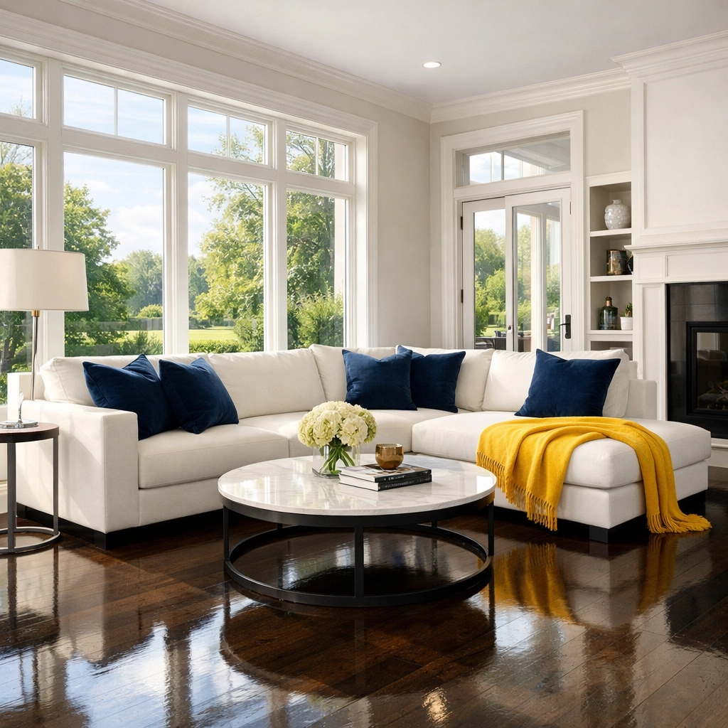 Bright and tidy Westborough living room with polished floors showing the result of professional house cleaning.