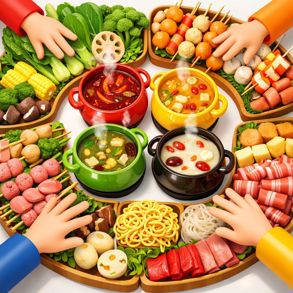 Build-your-own malatang station with fresh ingredients and multiple soup base options