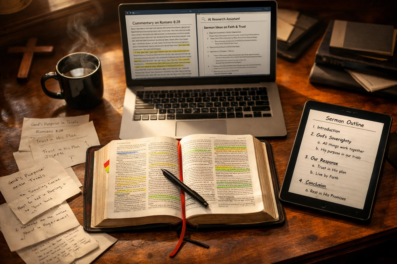 Pastor's desk with open Bible and laptop showing AI sermon preparation tools and biblical research