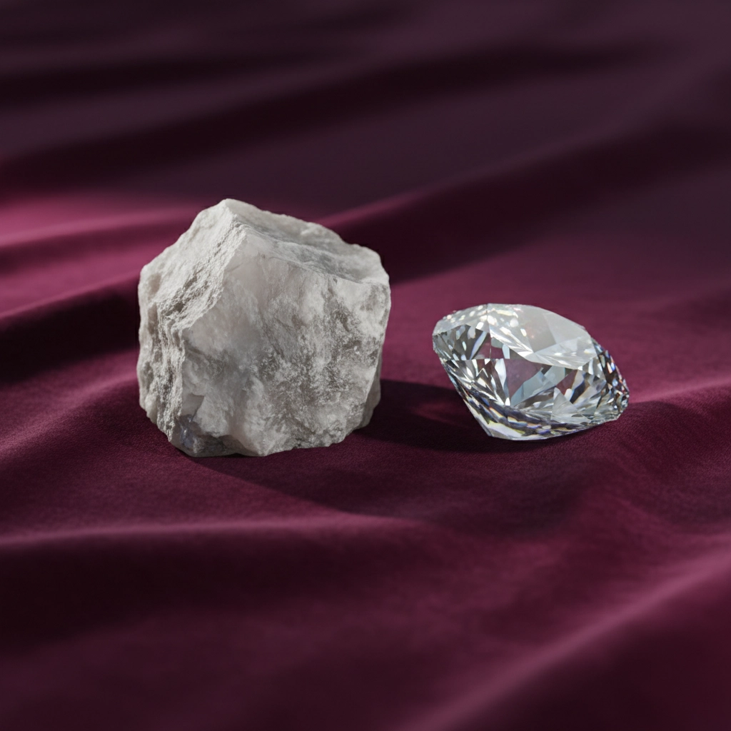 A rough uncut stone and a polished diamond rest side by side on a deep burgundy fabric, symbolizing the transformation of a raw first draft into a refined legacy book through the guidance of a writing coach.
