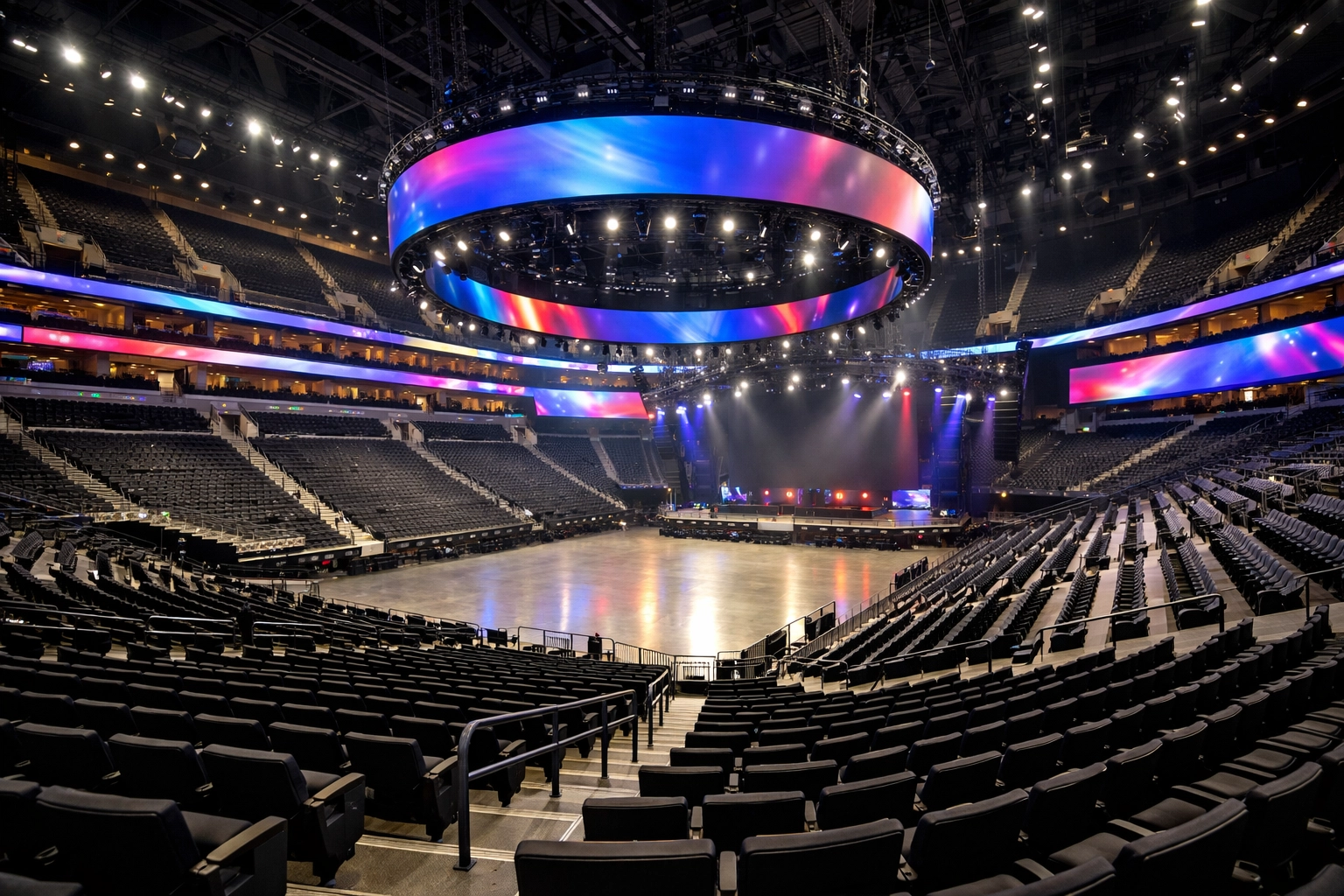 Modern high-end sports arena with integrated digital displays for professional brand activations and events.