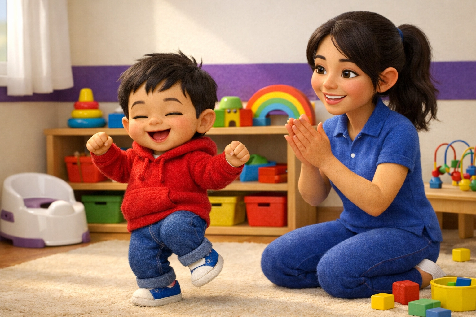 Toddler celebrating potty training success with a victory dance at our private preschool.