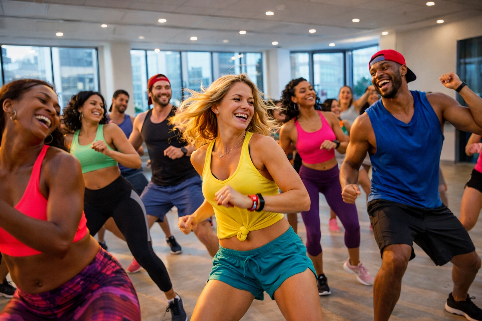 Diverse group enjoying a high-energy Zumba class at Post Houston for rhythmic body reconnection.