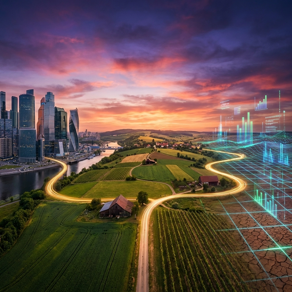 Diverse landscape blending city, farmland, and digital charts representing asset allocation and diversified investing