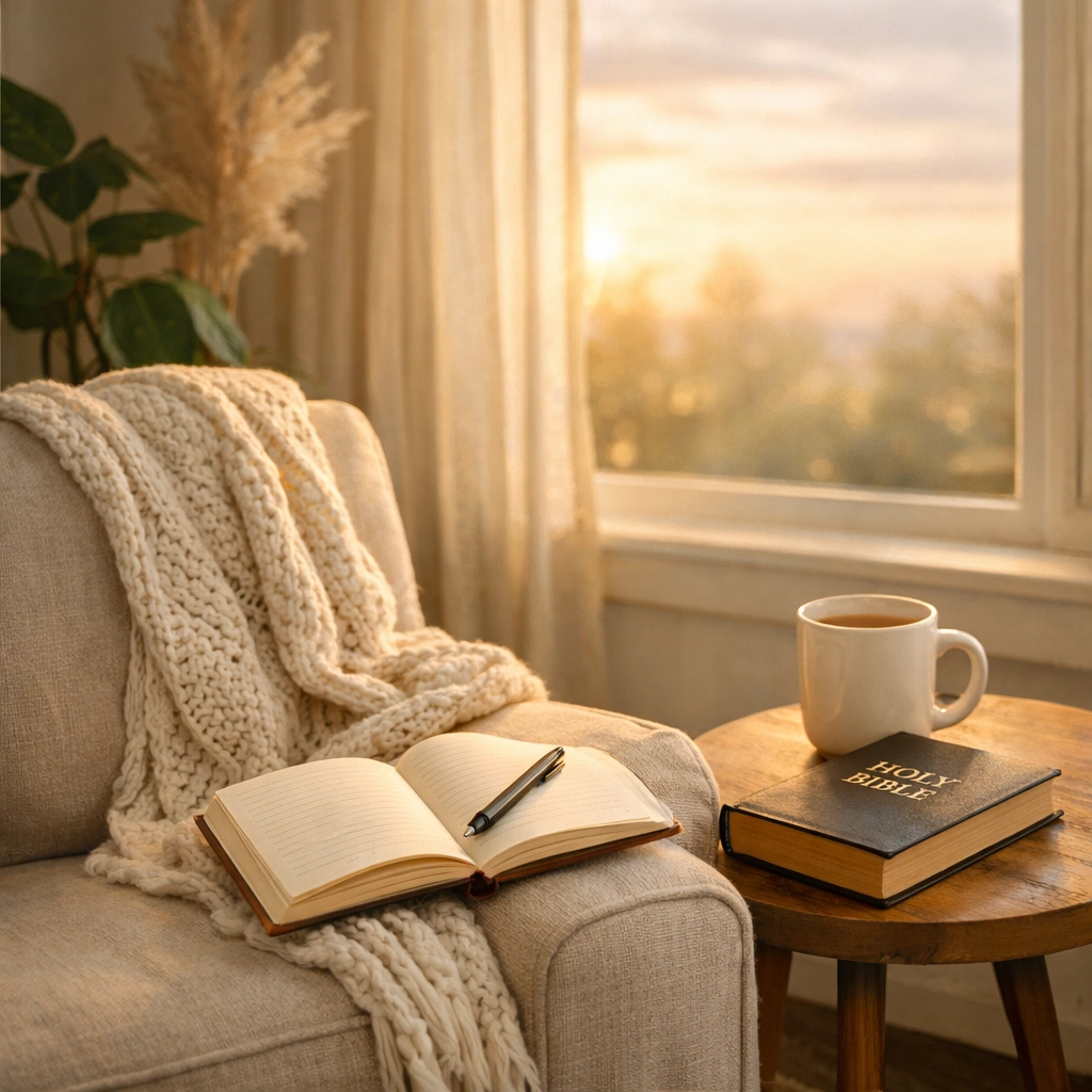 Peaceful reading nook with Bible and journal for quiet morning reflection